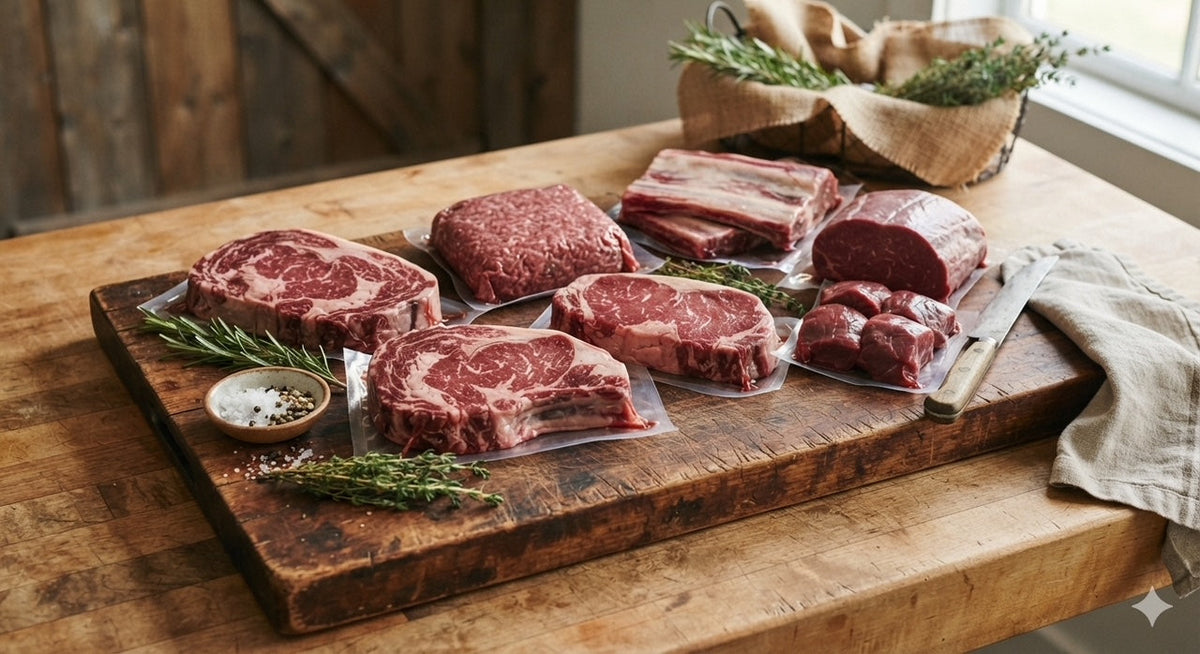 Assorted Sanford Farm beef cuts from a beef share on a rustic cutting board